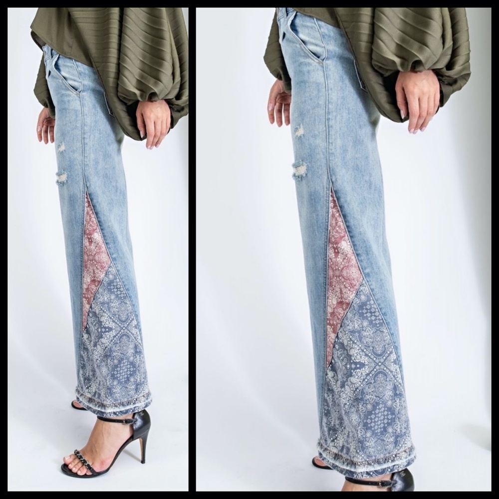 EASEL “I Got A Feeling” Light Denim Boyfriend Jeans Patchwork Details Flared Leg - Picture 3 of 14